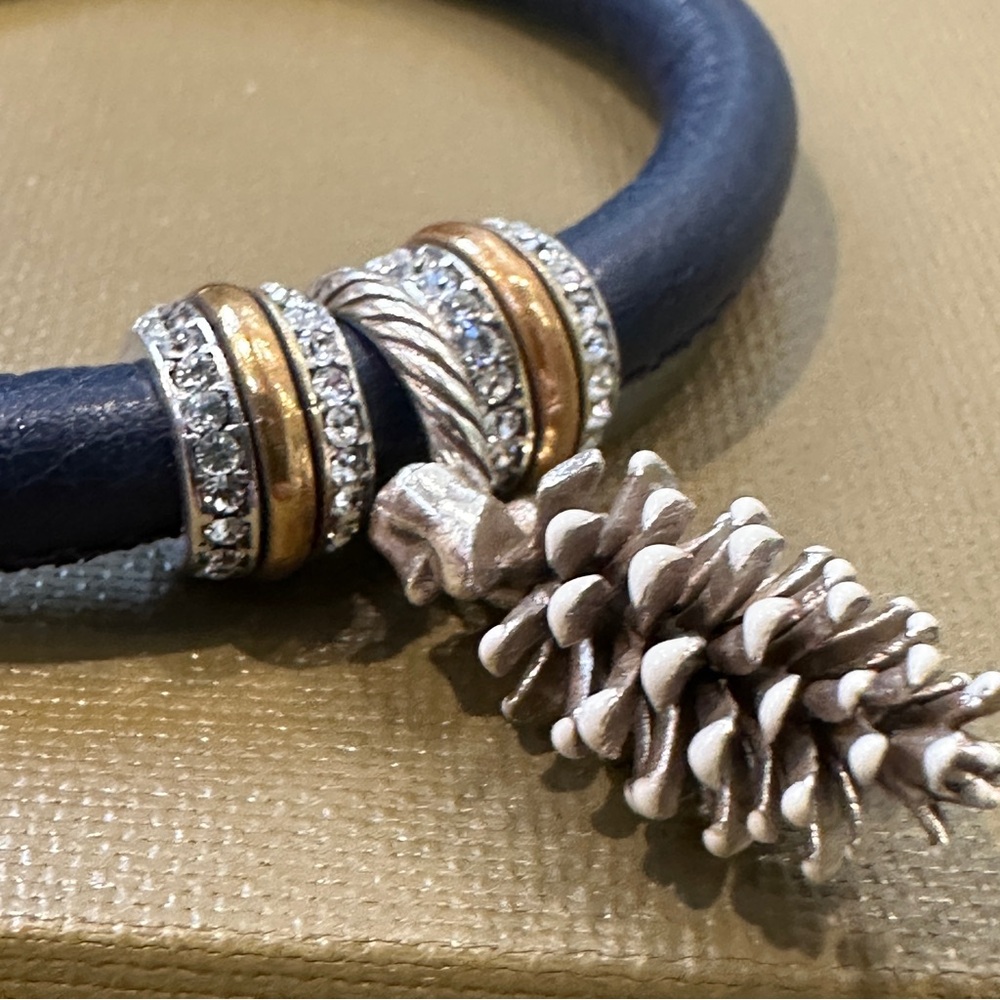 Brighton Woodstock Navy Bracelet Pinecone Charm Crystal Ring Set Large 7.75” - Picture 5 of 7